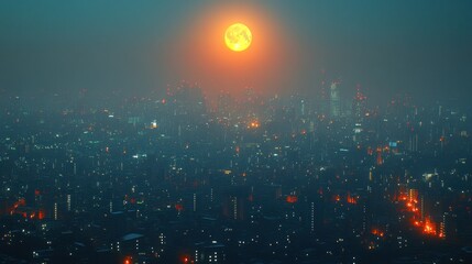 Wall Mural - Night city skyline, red moon, fog, aerial view