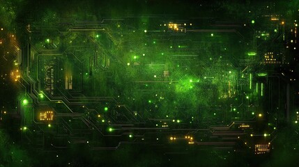 Poster - Abstract digital background with green and yellow circuitry patterns, glowing lights, and texture