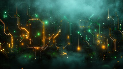 Poster - Futuristic digital landscape with glowing circuit patterns and fog, evoking technology and innovation