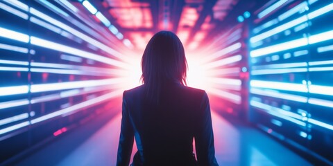 Poster - A silhouette against vibrant neon lights sets a futuristic mood. This digital art style captures a sense of mystery and intrigue. Perfect for tech, fashion, or abstract themes. AI