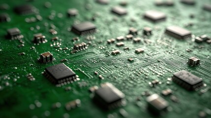 Poster - Close-up view of a detailed green circuit board with various microchips and electronic components