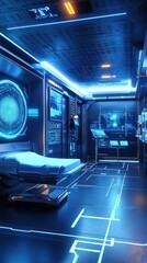 Poster - Futuristic medical facility with advanced technology and glowing interfaces, showcasing a sterile environment and high-tech equipment