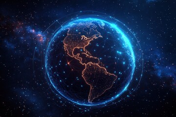 Poster - A stunning digital representation of Earth surrounded by a network of glowing connections, set against a starry cosmic background