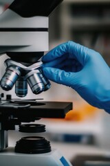 Poster - Close-up of a scientist adjusting a microscope lens