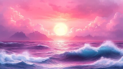 Wall Mural - Pink Sunset Over Ocean Waves