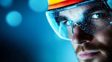 Wall Mural - Close up of oil worker wearing helmet and safety glasses, focused and determined