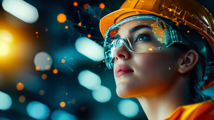 Wall Mural - Close up of female oil worker wearing helmet and safety glasses, showcasing determination and focus vibrant industrial setting