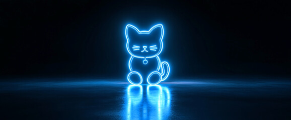 Poster - Neon blue glowing cat figure on dark background, symbolizing modern art, creativity, and digital design with a playful and futuristic vibe