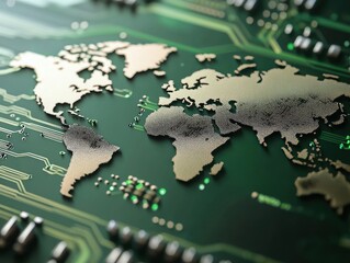 Poster - Metallic World Map on Circuit Board Background