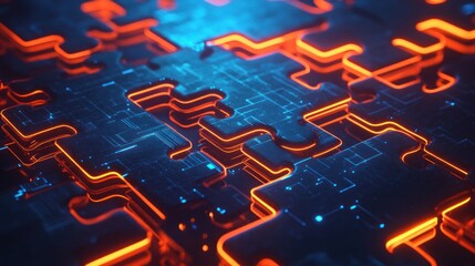 Poster - abstract digital puzzle-like structure with glowing blue and orange lines, representing technology a