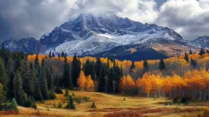 Wall Mural - mountain landscape in autumn colors. scenic view of peaks covered with snow and vibrant foliage in a