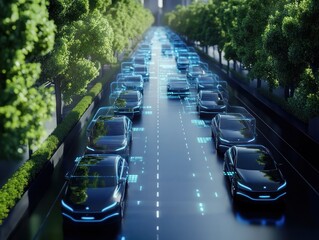 Poster - Futuristic city street with autonomous vehicles moving