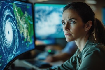 Poster - Woman Analyzing Hurricane Data in Control Room