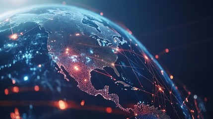 Poster - A stunning view of Earth from space showcasing North America illuminated by city lights and interconnected by glowing network lines
