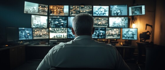 Poster - Man Monitoring Multiple Security Cameras in Control Room