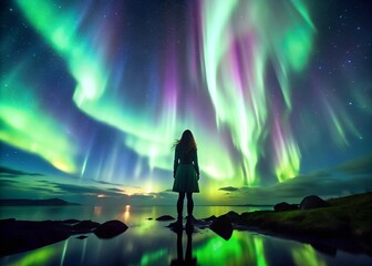 Poster - silhouetted girl gazing at northern aurora a mesmerizing blend of ethereal lights and cosmic wonder