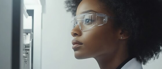 Poster - Focused scientist in a lab, wearing protective eyewear, analyzing data on a screen, with modern lab equipment in the background