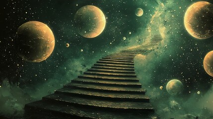Poster - A 2D digital painting of a dreamscape where stairs lead to nowhere, surrounded by floating orbs, with copy space.