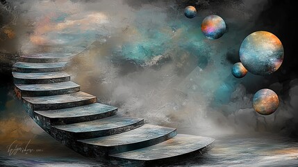 Poster - A 2D digital painting of a dreamscape where stairs lead to nowhere, surrounded by floating orbs, with copy space.