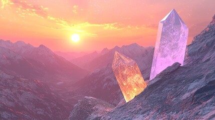 Poster - A 3D fantasy world with giant glowing crystals and a mystical aura, with space for text.