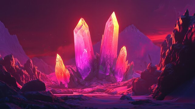 A 3D fantasy world with giant glowing crystals and a mystical aura, with space for text.