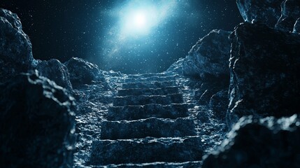 Poster - A 3D-rendered dreamscape featuring an endless staircase ascending into the cosmos, with copy space.
