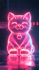 Poster - A glowing neon cat figurine with a smiling expression, sitting contently, illuminated in vibrant pink and blue neon light, symbolizing luck, prosperity, and digital art.
