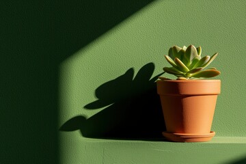 Wall Mural - Potted succulent on green shelf with sunlight and shadow