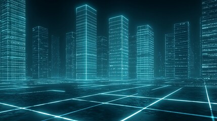 Poster - A dreamy sci-fi city where floating skyscrapers are arranged in perfect harmony above a glowing ground, with copy space.