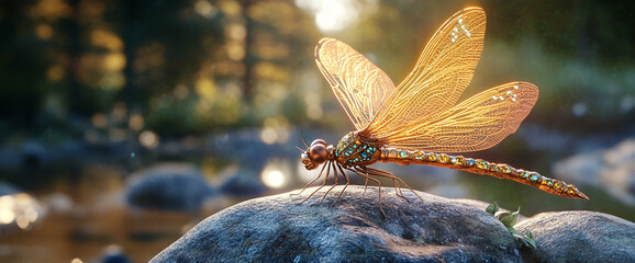 Poster - A dragonfly perched on a rock, with its delicate wings illuminated by soft light, showcasing intricate details of its design, symbolizing natureâ€™s elegance and precision.