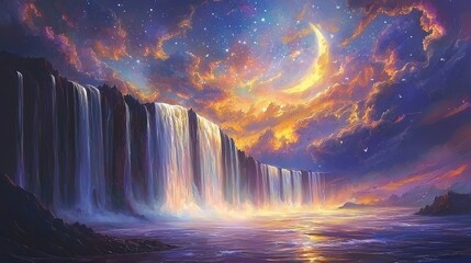 Poster - A fantasy landscape where waterfalls create a path to the moon, reflecting magical golden light, with copy space.