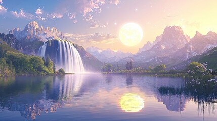 Poster - A fantasy landscape where waterfalls create a path to the moon, reflecting magical golden light, with copy space.