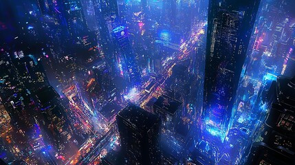 Poster - A futuristic cyberpunk city filled with floating high-rises and luminous blue streets, with copy space.