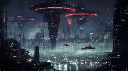 Poster - A futuristic dreamland with neon-lit floating platforms and cyberpunk aesthetics, with copy space.