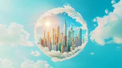Poster - A futuristic skyline with levitating buildings arranged in a circular pattern above a futuristic world, with copy space.