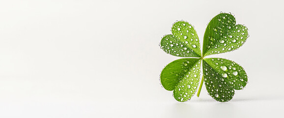Poster - Close-up of a dewy four-leaf clover with water droplets on its leaves, symbolizing luck, nature, and freshness with a minimal white background.