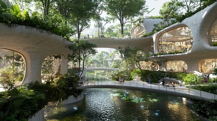 Poster - A futuristic urban paradise with high-tech floating structures and holographic projections, with copy space.