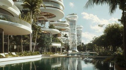 Poster - A futuristic urban paradise with high-tech floating structures and holographic projections, with copy space.