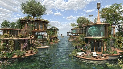 Poster - A futuristic urban paradise with high-tech floating structures and holographic projections, with copy space.