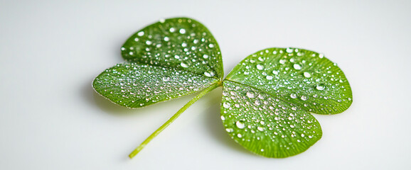 Poster - Close-up of a fresh three-leaf clover with water droplets on its surface, symbolizing luck, nature, and freshness, on a white background.