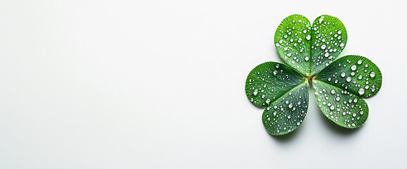 Poster - Close-up of a four-leaf clover with dew drops on a clean white background, symbolizing luck and prosperity, with fresh and vibrant green leaves.