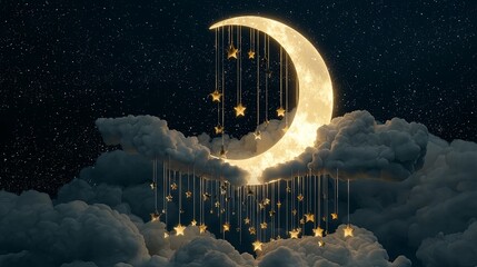 Poster - A magical 2D dreamland with stars dripping like waterfalls from a glowing moon, with space for text.