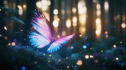 Aufkleber - A glowing butterfly with vibrant purple and blue wings flying in a mystical forest with soft bokeh light in the background, symbolizing transformation and beauty.