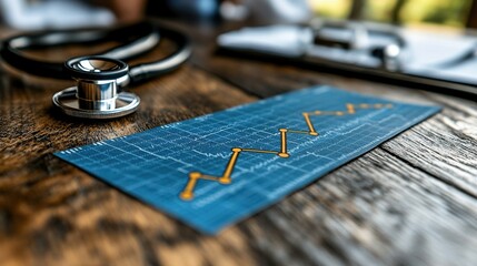 Poster - Medical chart with a stethoscope on a wooden table, depicting health trends in a serene environment