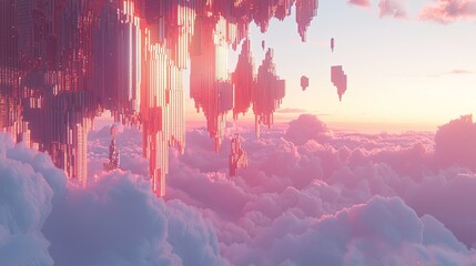 Poster - A majestic floating city with futuristic skyscrapers hanging in the sky, reflecting the sunset, with copy space.