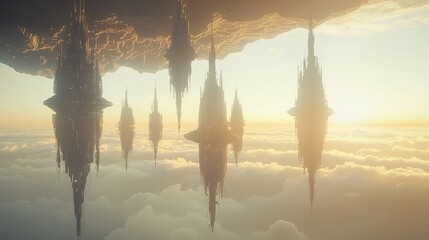 Poster - A majestic floating city with futuristic skyscrapers hanging in the sky, reflecting the sunset, with copy space.