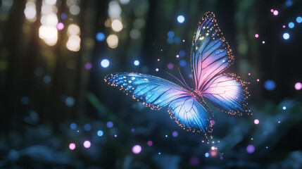 Aufkleber - A glowing butterfly with vibrant blue and purple wings flying through a magical forest with glowing particles, symbolizing transformation, freedom, and natural beauty.