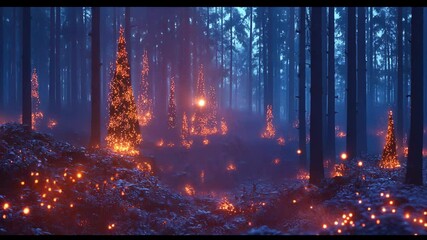 Wall Mural - glowing trees and ground flora in misty forest at twilight