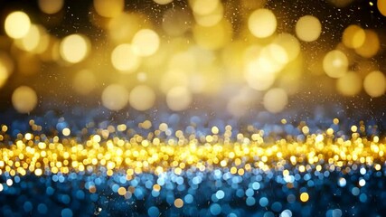 Wall Mural - gold and blue glitter sparkles on dark background with bokeh lights