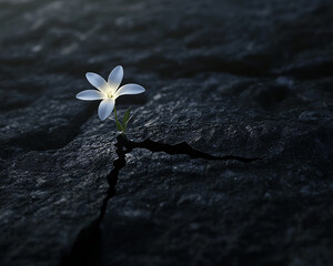 Poster - A delicate white flower growing through a crack in a dark stone surface, symbolizing resilience, hope, and life emerging in harsh conditions, highlighting nature's power.